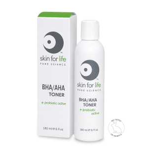Skin for Life BHA/AHA Toner with probiotic active, 6 FL oz/180 ml bottle and box, cruelty-free skincare for exfoliation.
