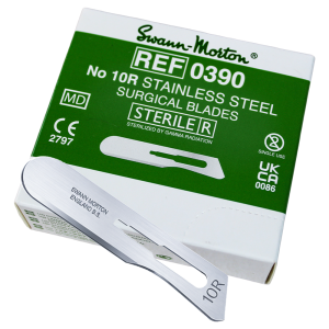 Swann-Morton #10R sterile stainless steel dermaplaning blades with box and individually sealed blades.