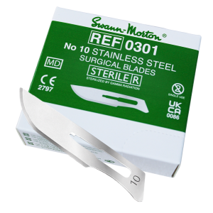 Swann-Morton #10 sterile stainless steel dermaplaning blades with box and individually sealed blades.