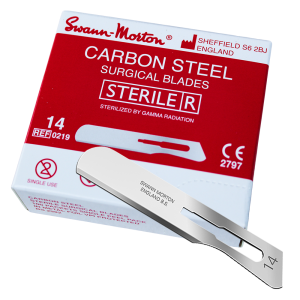Swann-Morton #14 sterile carbon steel dermaplaning blades with box, sealed package and single blade.