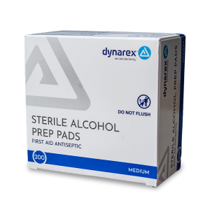 Dynarex Sterile Alcohol Prep Pads, medium 1.25-inch square first-aid antiseptic wipes, 200-count box for professional esthetic supplies.