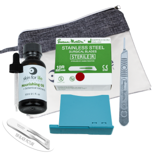 DERM-10R dermaplaning kit for professional estheticians and students with #10R blades and dermaplaning supplies.